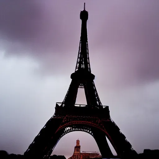 Prompt: an oil painting of the eiffel tower on a dark stormy evening utilizing volumetric lighting