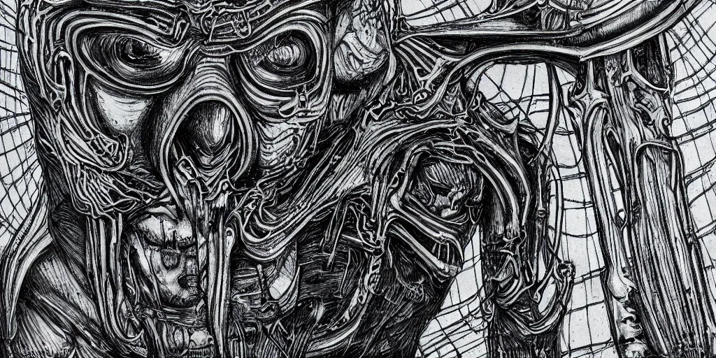 Image similar to enomorph in the style of HR Giger, black and white pen and ink, movie scene