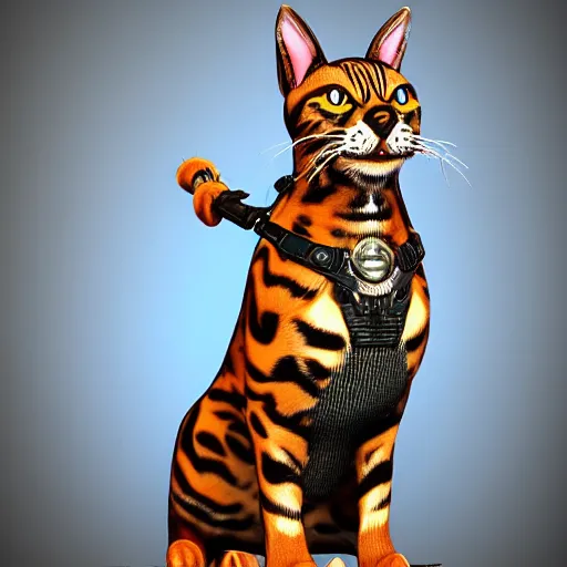 Image similar to a bengal cat with a weapons harness, unreal engine, highly detailed, artstation, elegant