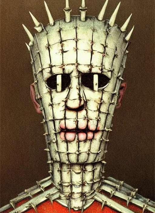 Image similar to portrait of medieval Pinhead from Hellraiser (1986) painted by hieronymus bosch, detailed digital art, trending on Artstation