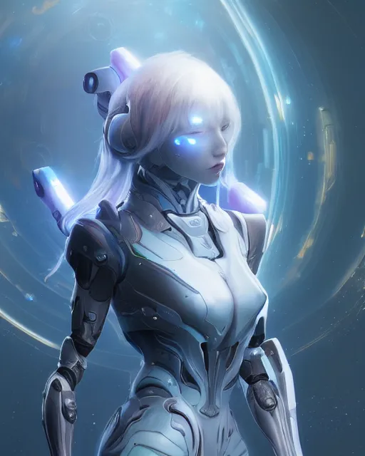 Image similar to perfect android girl on a mothership, warframe armor, beautiful face, scifi, futuristic, galaxy, nebula, raytracing, dreamy, long white hair, blue cyborg eyes, sharp focus, cinematic lighting, highly detailed, artstation, divine, by gauthier leblanc, kazuya takahashi, huifeng huang