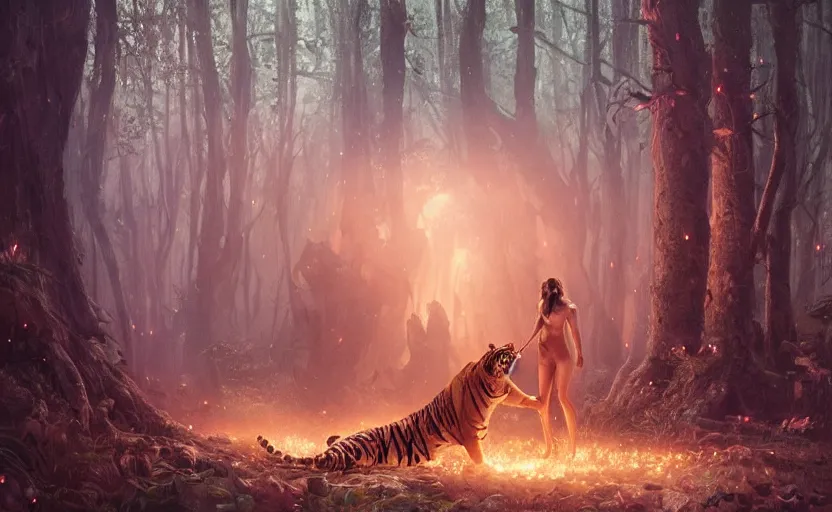 Image similar to tigers eating a succubus in an ancient bioluminescent forest, ana de armas, flawless symmetrical pretty cute face kissing ecstacy, greg rutkowski, 8 k, shallow depth of field, intricate detail, concept art,