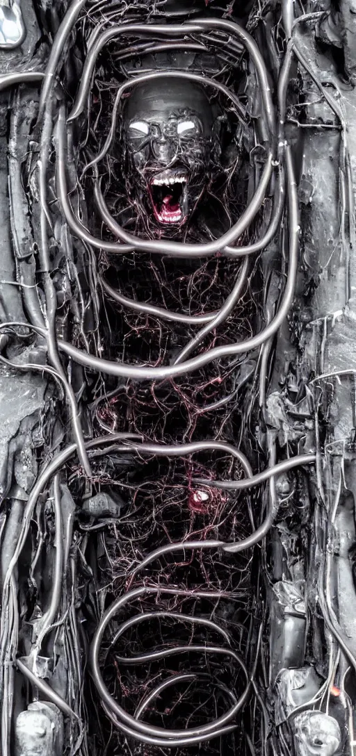 Prompt: horror picture of elon musk black oily dark body horror scary pipes wires grinning