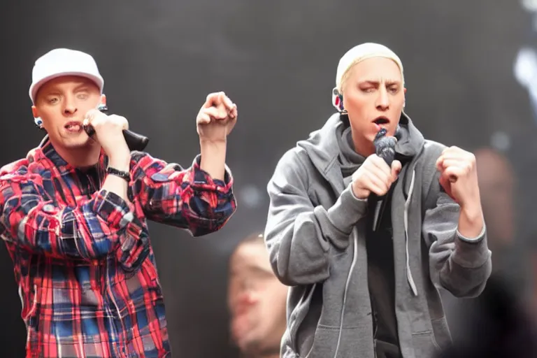 Prompt: eminem perfoming at elderly home