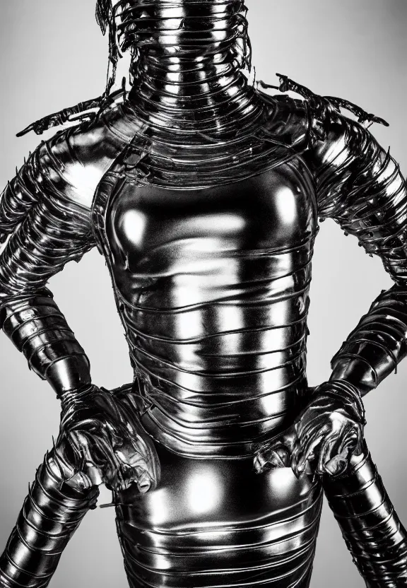 Image similar to thousand hand guanyin dance, metallic armor suit, standing upwards, apocalyptic, hyper realistic, shot on film, full body portrait