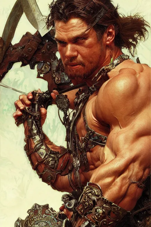 Image similar to closeup portrait of muscular male barbarian, intricate details, large sword, by Stanley Artgerm Lau, by greg rutkowski, by thomas kindkade, by alphonse mucha, loish, by norman rockwell J.