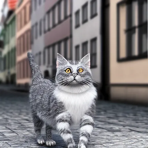 Image similar to a portrait of a cute gray and white striped cat, walking down a street in Copenhagen, Danish architecture, trending on cg society, 3d zbrush render with fur, rim lighting, digital oil painting by Norman Rockwell