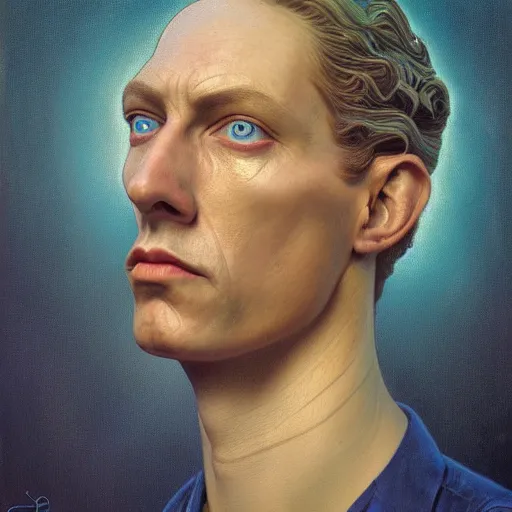 Image similar to realistic extremely detailed portrait painting of an average man , retro futuristic , by beeple,Jean Delville, Amano, Yves Tanguy, Alphonse Mucha, Ernst Haeckel, Edward Robert Hughes, Roger Dean, rich moody colours, blue eyes,octane render