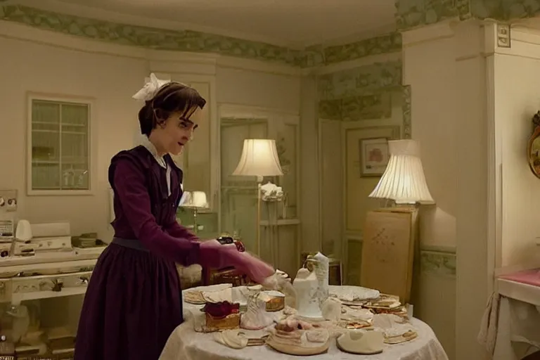 Image similar to mid-shot of Winona Ryder as a maid in the new movie directed by Wes Anderson, symmetrical shot, idiosyncratic, relentlessly detailed, limited colour palette, detailed face, movie still frame, promotional image, imax 70 mm footage