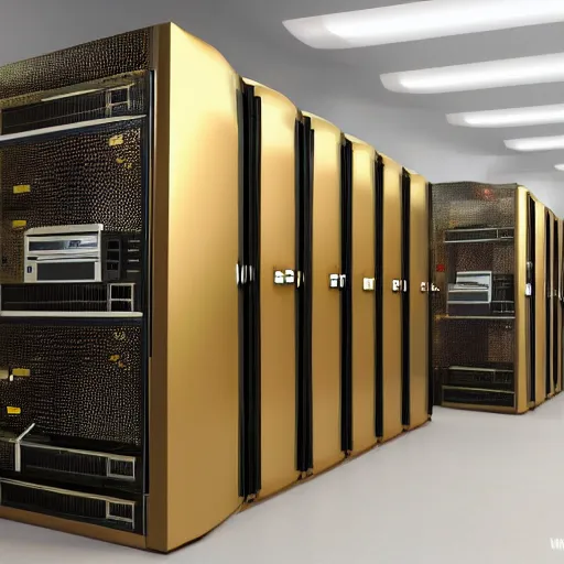 Prompt: diorama of a computer server bank room, gold, art deco, rust, worn, room full of computers