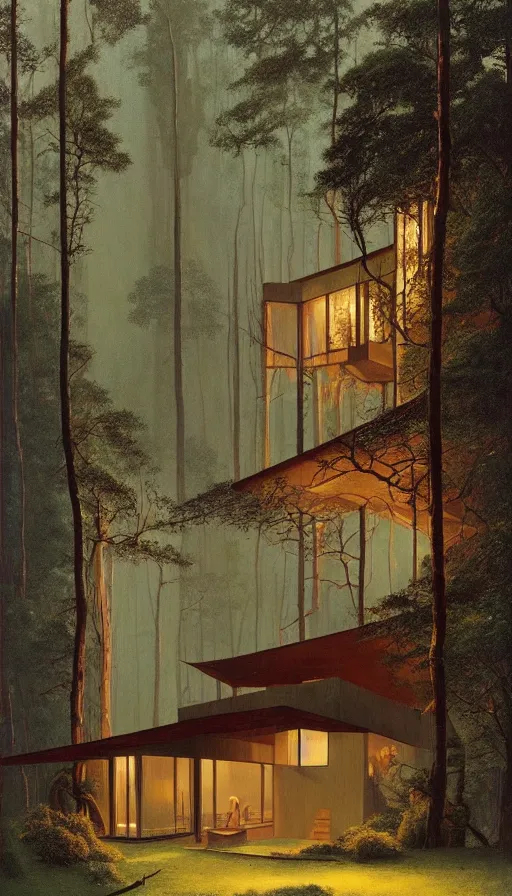 Image similar to cozy ultra modern home in the woods moody lighting, highly detailed, painting by zdzisław beksinski and norman rockwell and greg rutkowskiweta studio, and lucasfilm