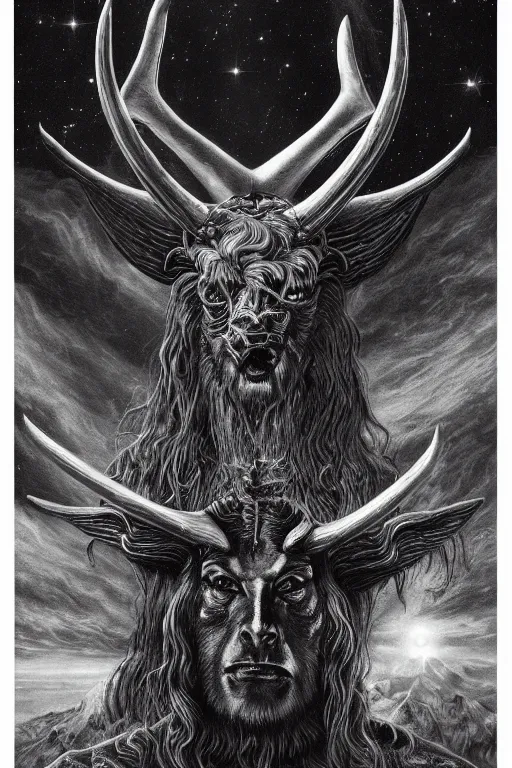 Prompt: sideview waist up portrait of baphomet with big antler, starship made with porcelain by jeff easley and peter elson, beautiful eyes and face, symmetry face, galaxy, gothic, surreal, dread, highly detailed, intricate complexity, epic composition, magical atmosphere, masterpiece, award winning, trending on artstation