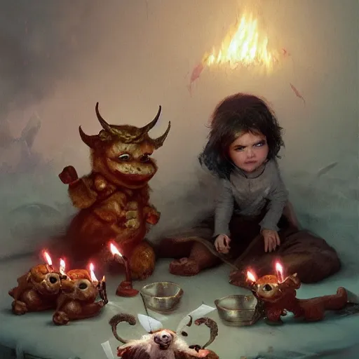 Prompt: the satanic baby birthday party. cute stuffed animals sacrificed for the devil. detailed digital art by greg rutkowski, thomas kinkade and keith parkinson, artstation, cgsociety, 8 k, hd