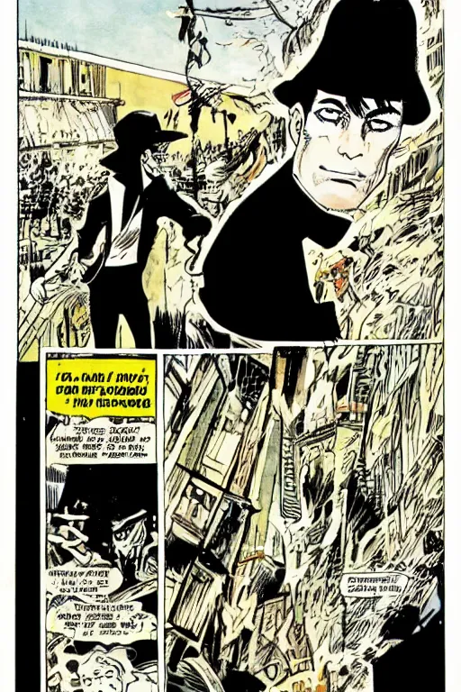 Image similar to sandman vs corto maltese, comic book page, art by hugo pratt