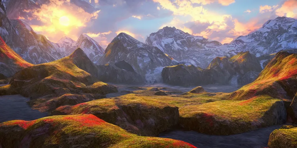 Prompt: a beautiful landscape, sun rises between two mountains, colourful 3 d artwork by phillipp urlich, unreal engine 5, extremely detailed, hyper realism