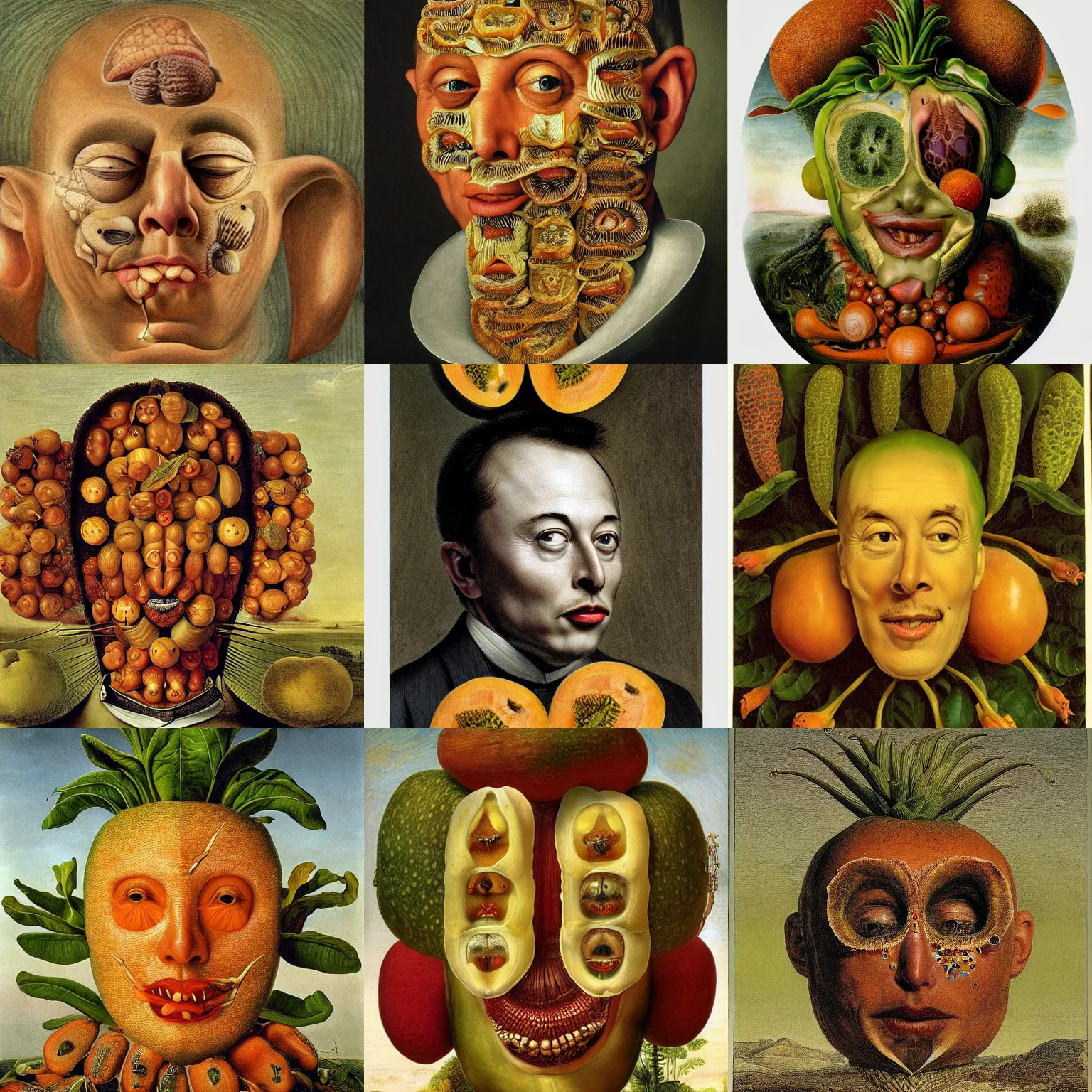 Prompt: elon musk's face shape of muskmelon, surrealistic, highly detailed, 8 k, by giuseppe arcimboldo and salvador dali