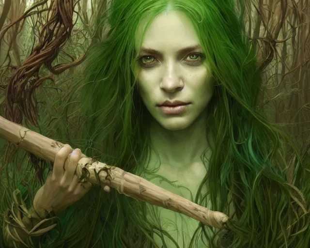 Prompt: portrait of a swamp witch, green colored skin, green hair, holding a caduceus staff, messy hair, deep focus, d & d, fantasy, intricate, elegant, highly detailed, digital painting, artstation, concept art, matte, sharp, illustration, hearthstone, art by artgerm and greg rutkowski and alphonse mucha