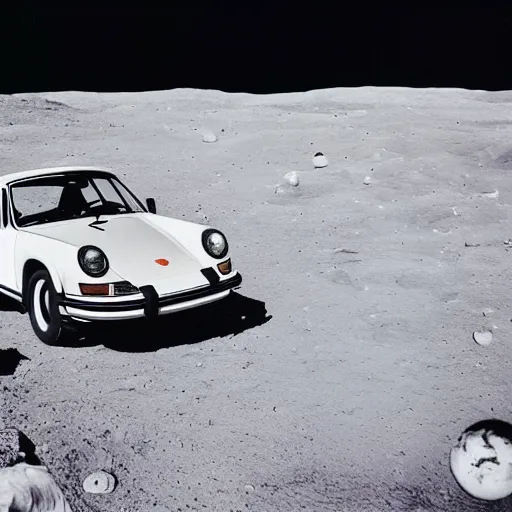 Image similar to vintage photo of a porsche 911 on the moon. apollo moon landing