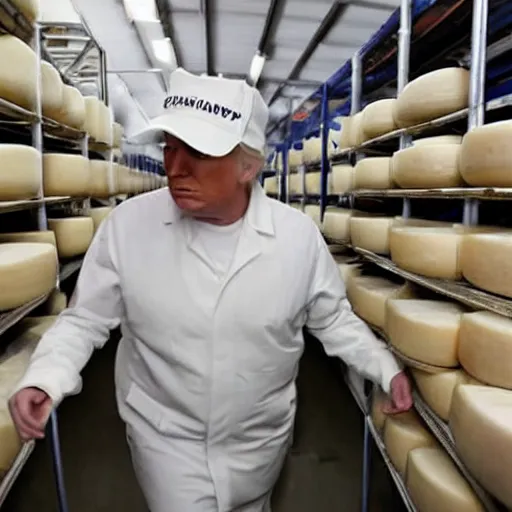 Prompt: donald trump inspecting cheese at a cheese factory