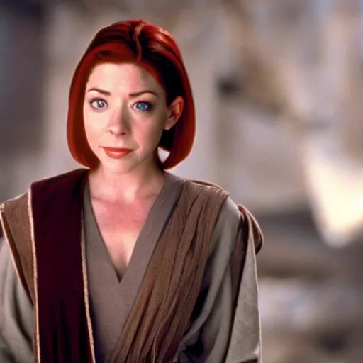 Image similar to Alyson Hannigan/Willow Rosenberg as Obi-Wan Kenobi from Star Wars, film still
