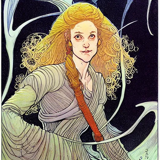 Image similar to a beautiful portrait of sanna!!!!! marin!!!!!, the young female prime minister of finland as a druidic wizard by rebecca guay, michael kaluta, charles vess and jean moebius giraud