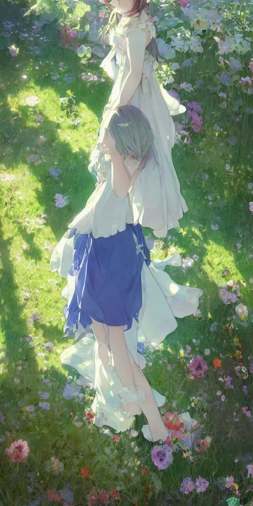 Image similar to a depressed digital art, loli in dress, garden, green and warm theme, blue accents, back lighting, highly detailed, 4 k resolution, trending on art station, by krenz cushart and mucha and akihito yoshida and greg rutkowski and makoto shinkai