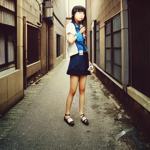 Image similar to 2000s perfect 8K HD professional photo of close-up japanese schoolgirl posing in sci-fi dystopian alleyway, at instagram, Behance, Adobe Lightroom, with instagram filters, depth of field, taken with polaroid kodak portra