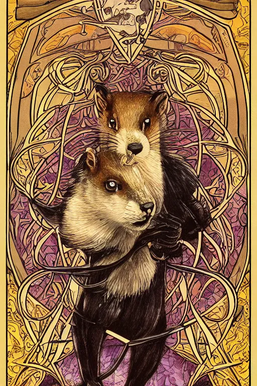 Prompt: Tarot card illustration of The Stoat, illustration by Ayami Kojima, furry art, art nouveau style, 4k