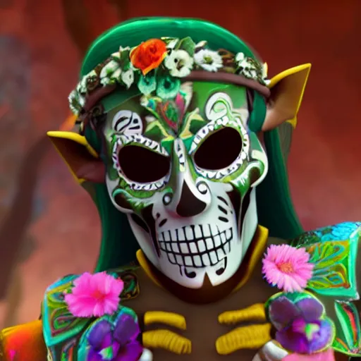 Prompt: link from zelda wearing dia de los muertos mask, skulls and flowers, with aztec feathered garments sigma 7 5 mm photo realism, ultra realistic, 8 k resolution surreal