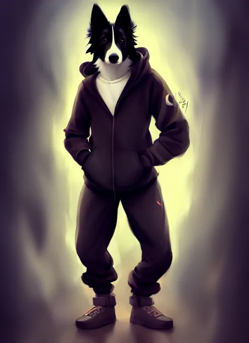 Prompt: wide angle beautiful full body portrait of a cute male anthropomorphic anthro border collie fursona wearing a tracksuit in a dark city, character design by charlie bowater, henry asencio, and ross tran, furry art, furaffinity, beautiful, glamor pose, detailed, aesthetic, trending on artstation