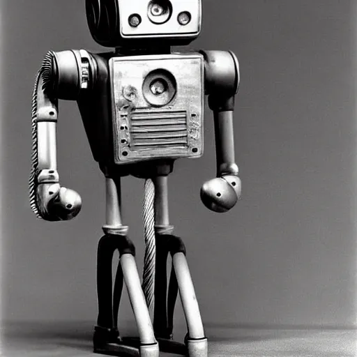 Prompt: a crudely made robot, wires, cables, metal, 1 9 4 0's photograph