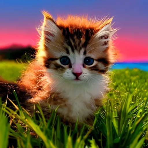 Prompt: cute fluffy [[[multi-colored]]] kitten outside in the front yard grass at sunset on a beautiful summer day, ocean in the distance, highly detailed