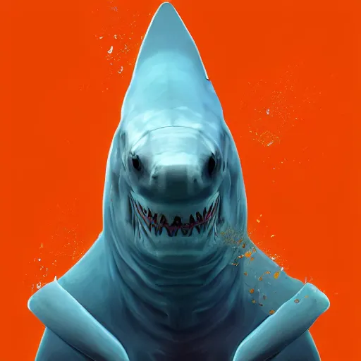 Image similar to great white shark with an orange traffic cone instead of a fin - ron cheng & alphonse mucha, highly detailed, digital painting, ray tracing, concept art, illustration, smooth sharp focus, intricate, symmetry, artstation,