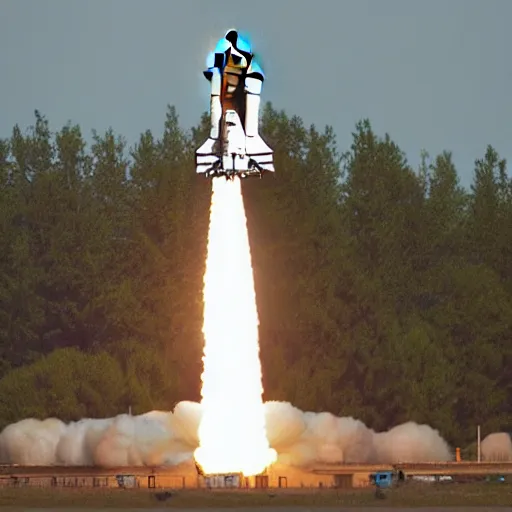 Image similar to a space shuttle made out of cardboard lifts off, photograph