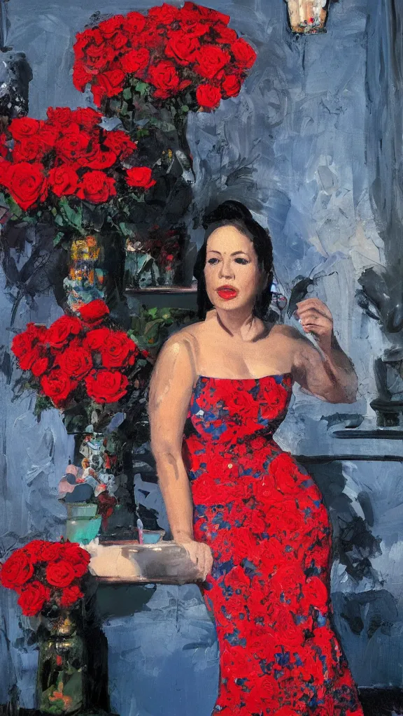 Image similar to portrait of rebekah delrio in lynch pattern dress beside of a big persian detailed pot of red roses, blue and red lights, mulholland drive, painted by craig mullins