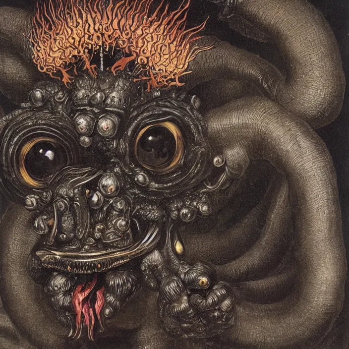 Image similar to close up portrait of a mutant monster creature with giant flaming protruding eyes bulging out of their eye sockets, exotic black orchid - like mouth, insect antennae by jan van eyck, walton ford