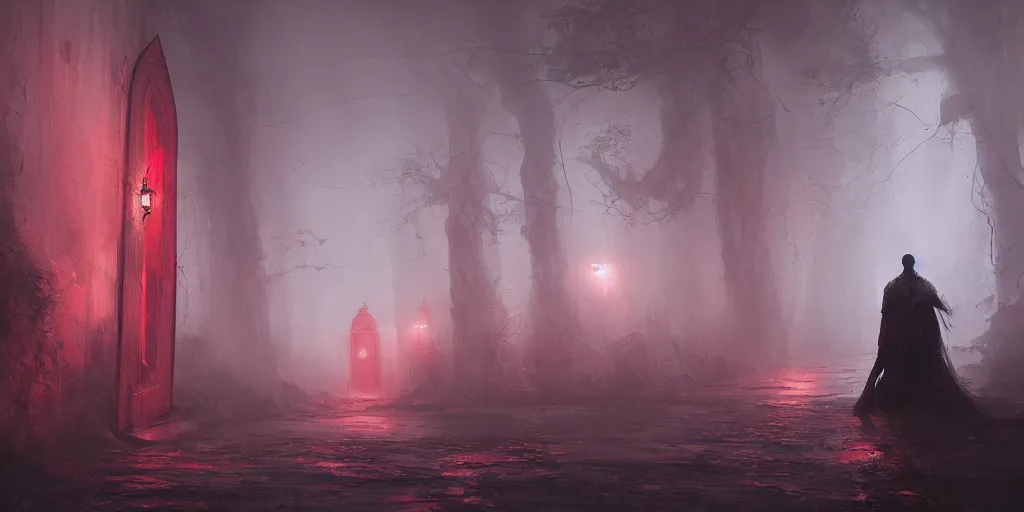 Image similar to fantasy depiction of the realm of shadows shrouded by mist trails leading to a red door, low saturation, high contrast, mostly greyscale, eerie disturbing lighting, in the style of marcin rubinkowski, greg rutkowski, lorenzo lanfranconi, oleg zherebin, trending on artstation