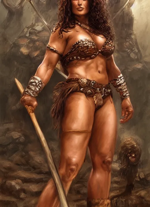 Image similar to portrait of very muscled Salma Hayek as barbarian with axe drawn hiding from a few scary creepy mummies, elegant, highly detailed, centered, digital painting, artstation, concept art, artgerm, donato giancola, Joseph Christian Leyendecker, WLOP, Boris Vallejo, Artgerm