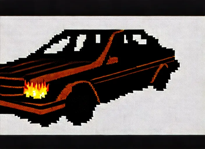 Image similar to burning wrecked mercedes 1 2 4, pixelart by kirokaze, award winning. dramatic. trending on artstation. very low quality, low resolution sync by honeybunny