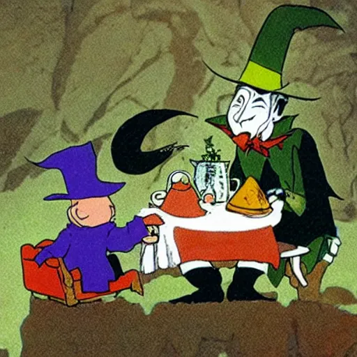 Image similar to count orlok having tea with snufkin and the moomins