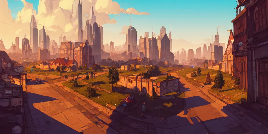 Prompt: middle ages city landscape, gta v art, borderlands style, celshading, trending on artstation, by rhads, andreas rocha, rossdraws, makoto shinkai, laurie greasley, lois van baarle, ilya kuvshinov and greg rutkowski