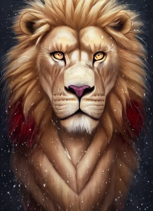 Image similar to award winning beautiful portrait commission of a male furry anthro albino lion with tattoos on his muscular belly with a beautiful hyperdetailed face wearing a golden and red winter handcrafted outfit with red gradient background and white snow falling around lion. Character design by charlie bowater, ross tran, and makoto shinkai, detailed, inked, western comic book art