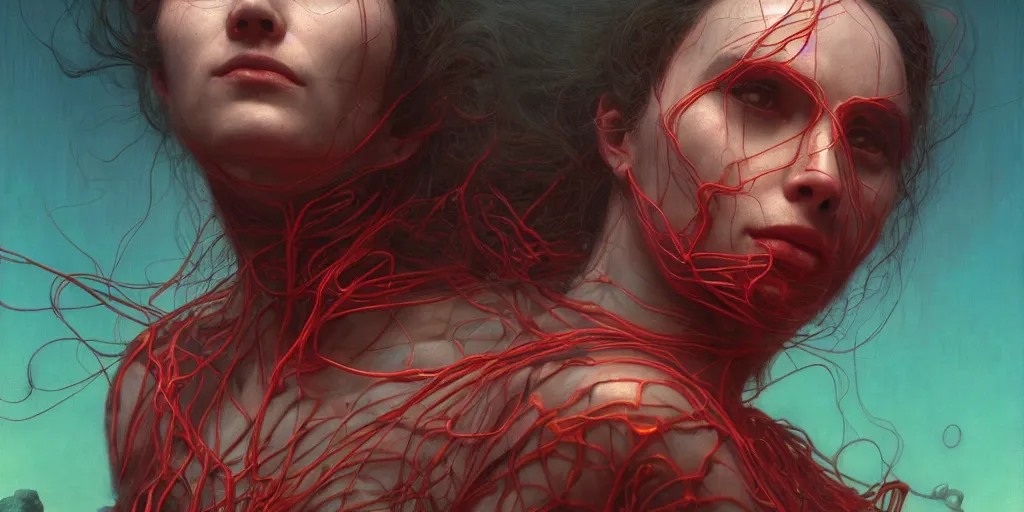 Image similar to Portrait Masterpiece, Wanda Maximoff, furious, red and cyan, glowing, wires everywhere, by Edgar Maxence and Ross Tran, Zdzisław Beksiński, and Michael Whelan, distant, gustav dore, H.R. Giger, 8k, octane render