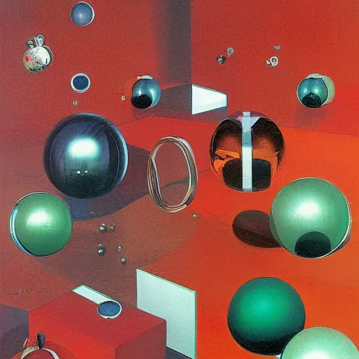 Prompt: chrome spheres on a red cube by james c christensen