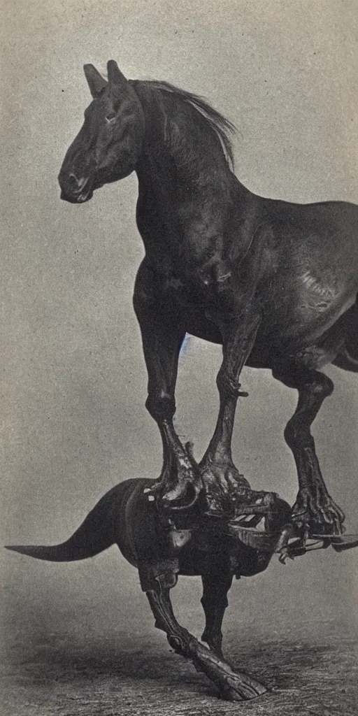 Prompt: [ [ t rex ] ] and a horse with legs, gentle, hands, walking, soft, black and white photograph, 1 8 5 0 s