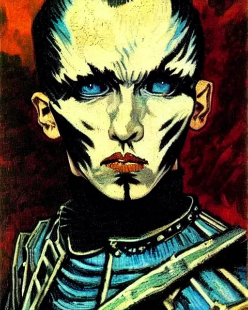 Prompt: portrait of a skinny punk goth vincent van gogh wearing armor by simon bisley, john blance, frank frazetta, fantasy, thief warrior