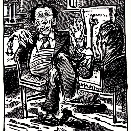 Image similar to an ultra - wealthy landlord with chained slaves by his feet, by robert crumb