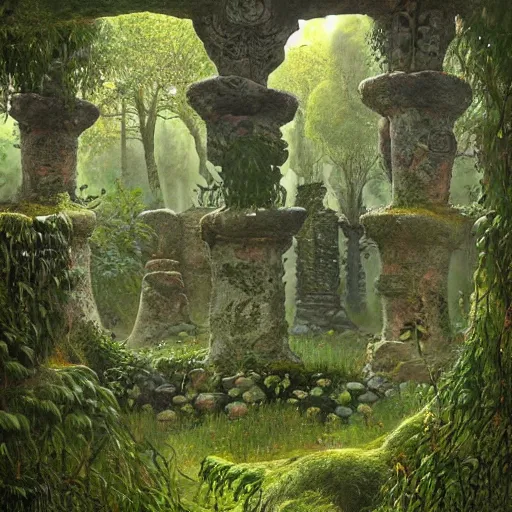 Image similar to ancient overgrown ruins, medieval gates, runestones, mysetrious etherial mesmerizing runic!! cat eyes!!!!, magical elven geometry, concept art by gustav klimt!, deviantart contest winner, environmental art, high detail