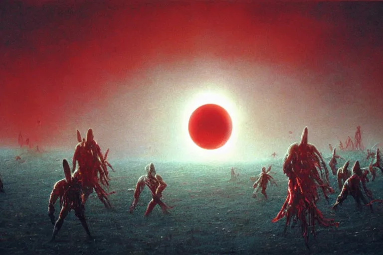 Image similar to band of warrior activate behelit in the middle of eclipse, human sacrifice ,dark sky, red cloud, sea of blood, beksinski