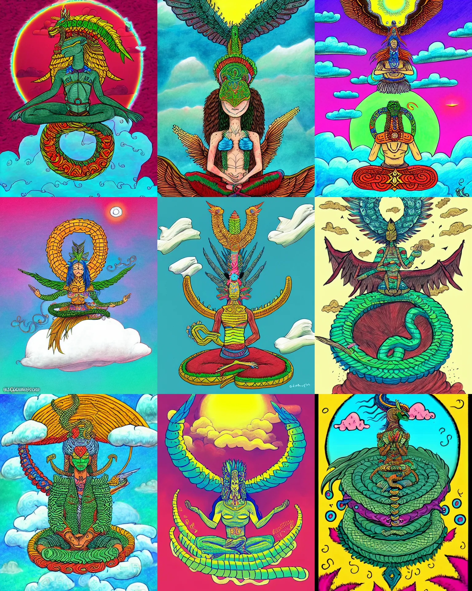 Prompt: warrior of quetzalcoatl meditating in the clouds, in the style of chiara bautista